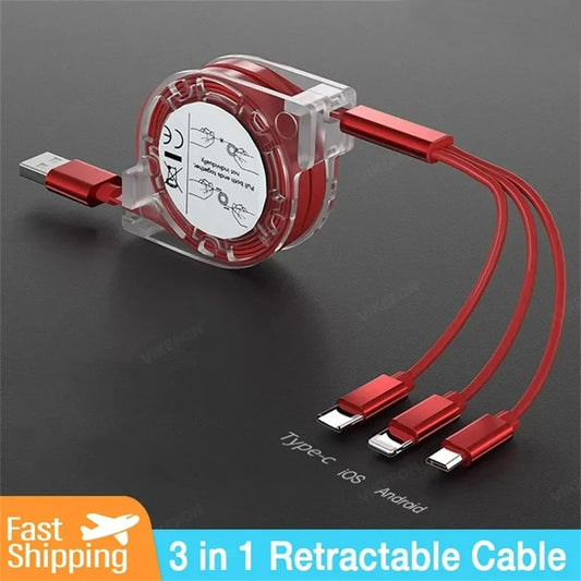 3-in-1 Retractable Data USB Cable Fast Charging For iPhone Type-C Micro USB